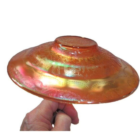 Federal Glass Madrid Marigold Carnival Glass 11" Console Bowl Embossed Floral - Picture 12 of 12